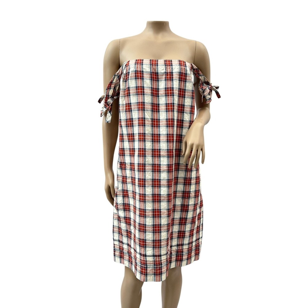 APC Off-Shoulder‎ Plaid Midi Sheath Dress Bow Tie Details Linen Blend Womens M